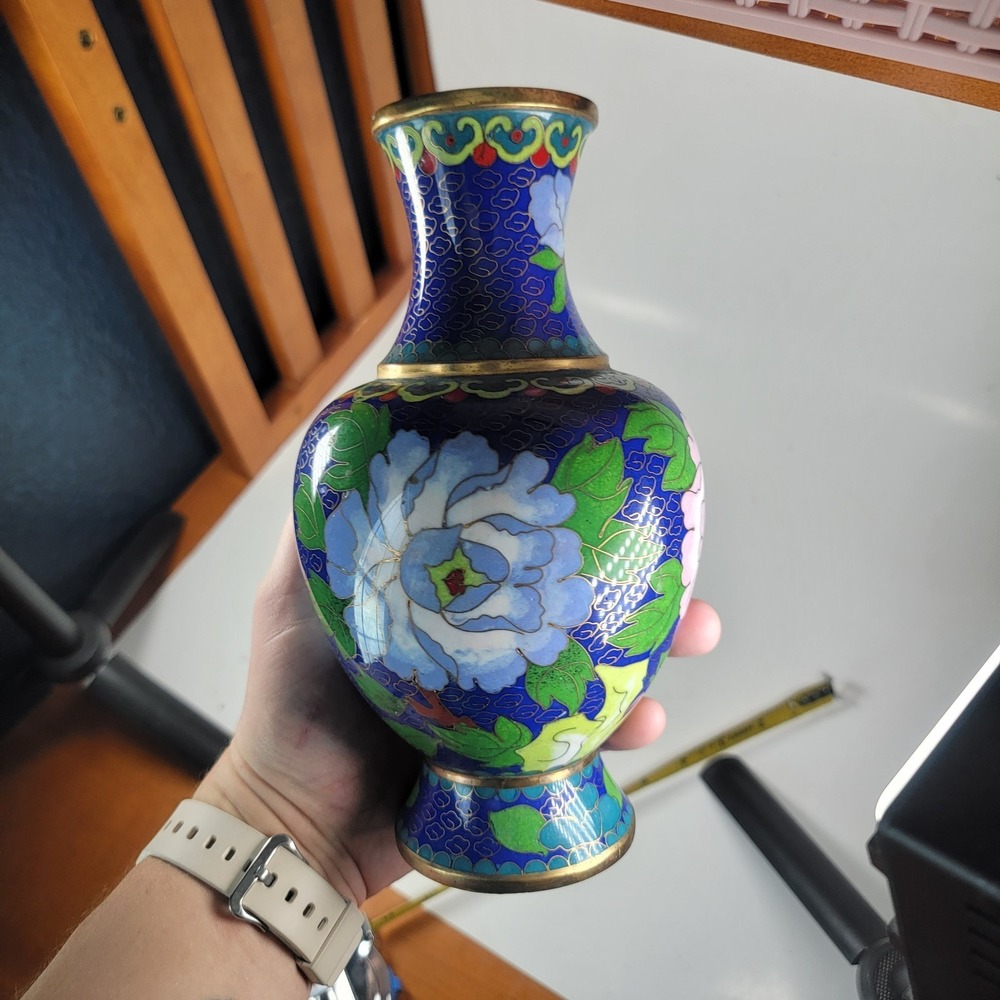 Vintage Antique Chinese Cloisonne Enamel on Brass Blue Vase‎ Flower - Picture 5 of 10